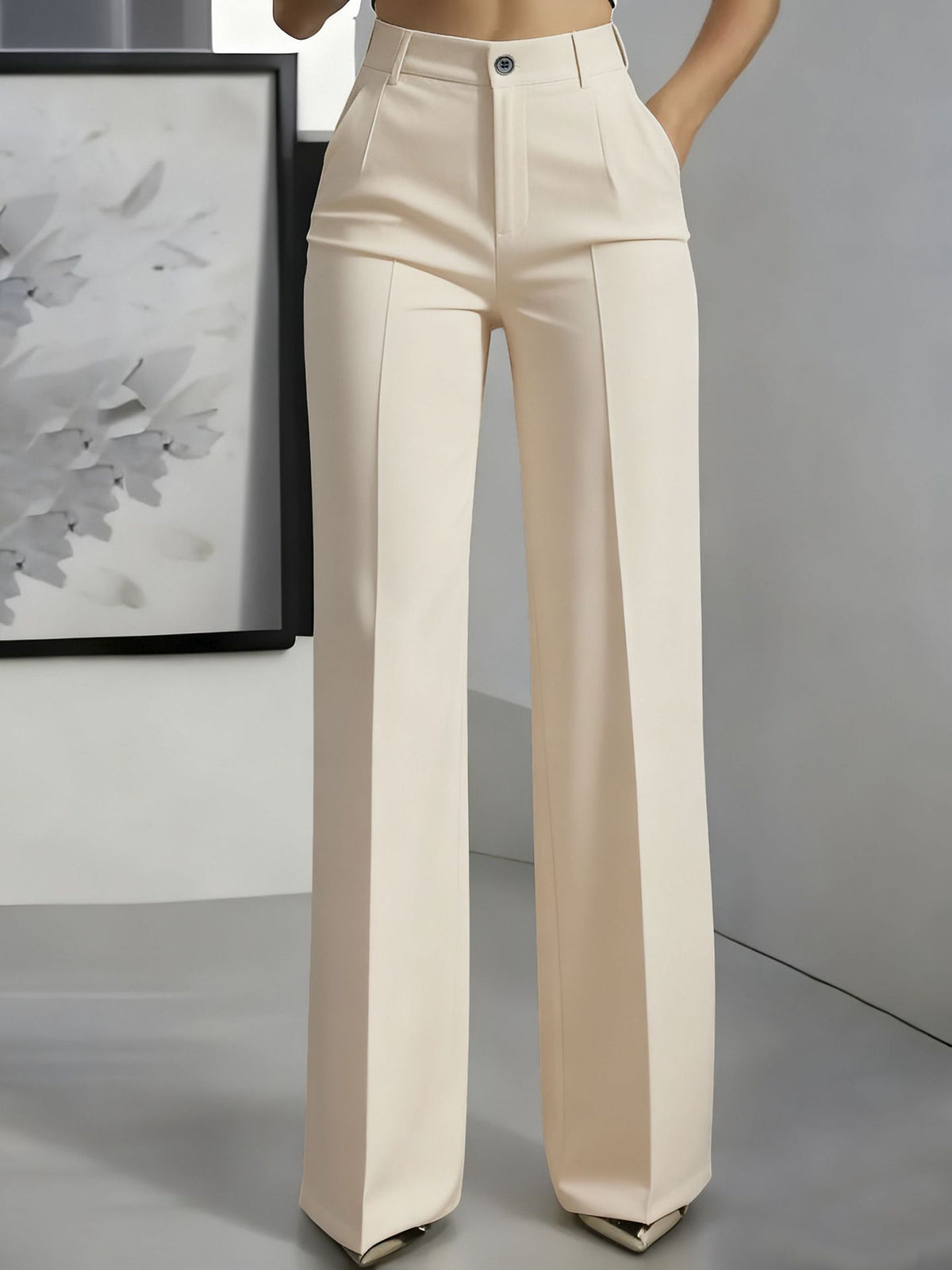 Women's High-Waisted Trousers – Front Pleats, Straight Leg pleat detail