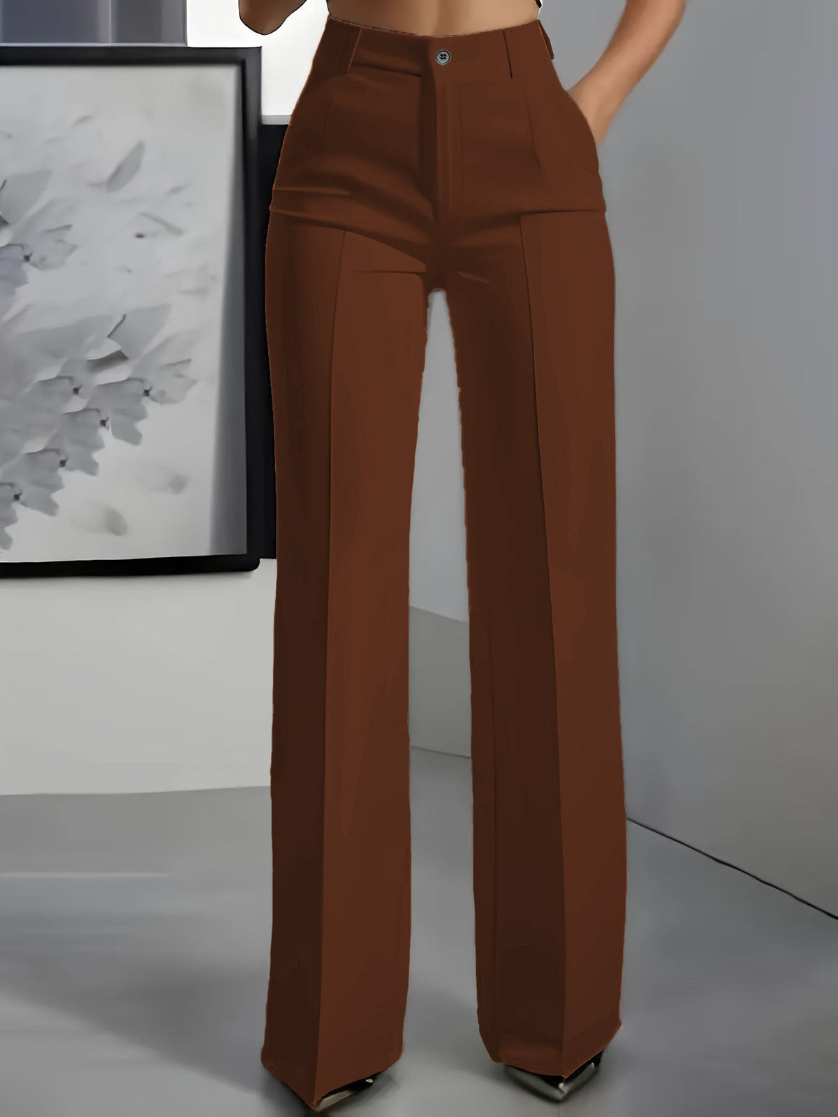 Women's High-Waisted Trousers – Front Pleats, Straight Leg full-length view