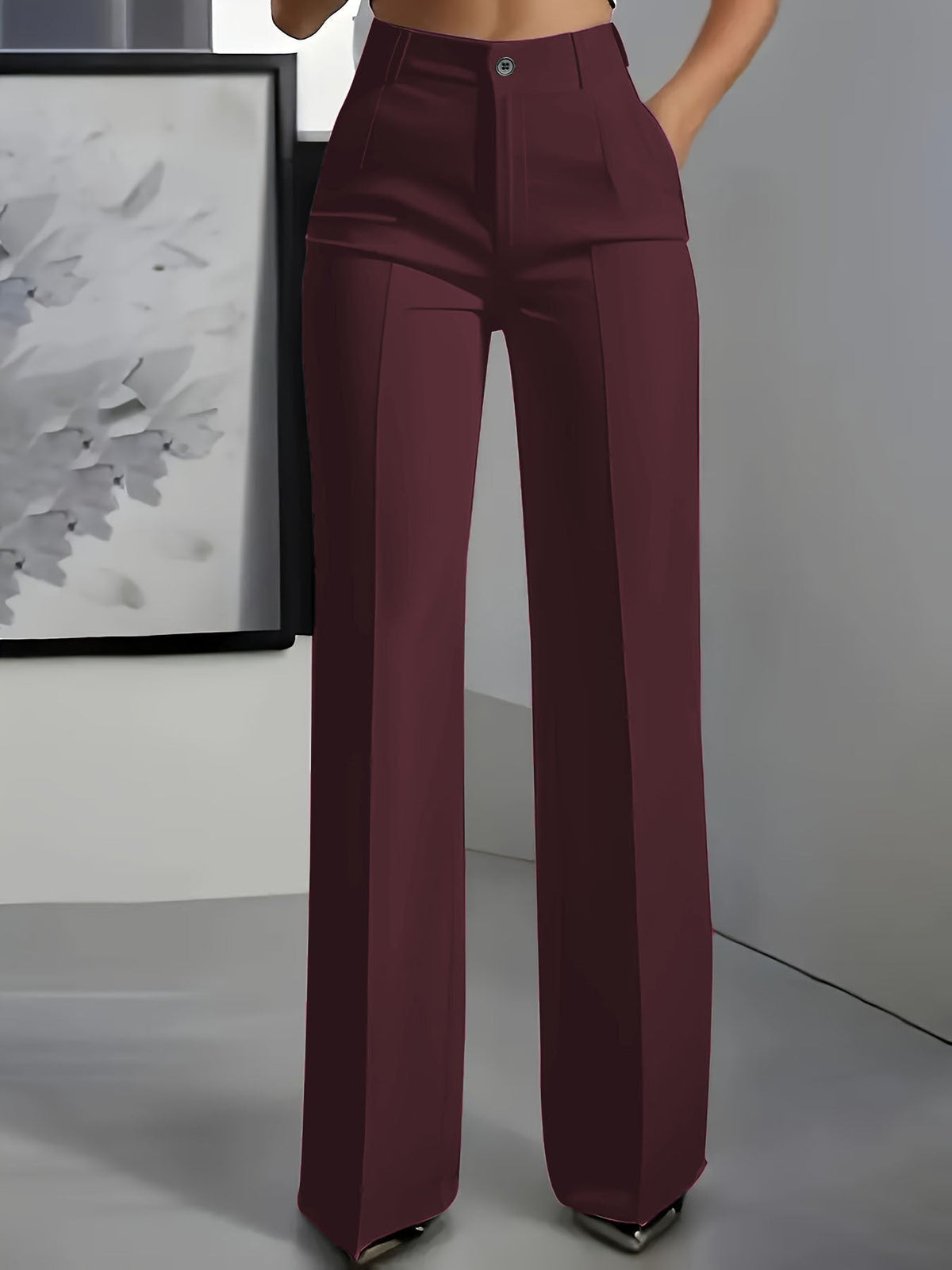 Women's High-Waisted Trousers – Front Pleats, Straight Leg hem detail