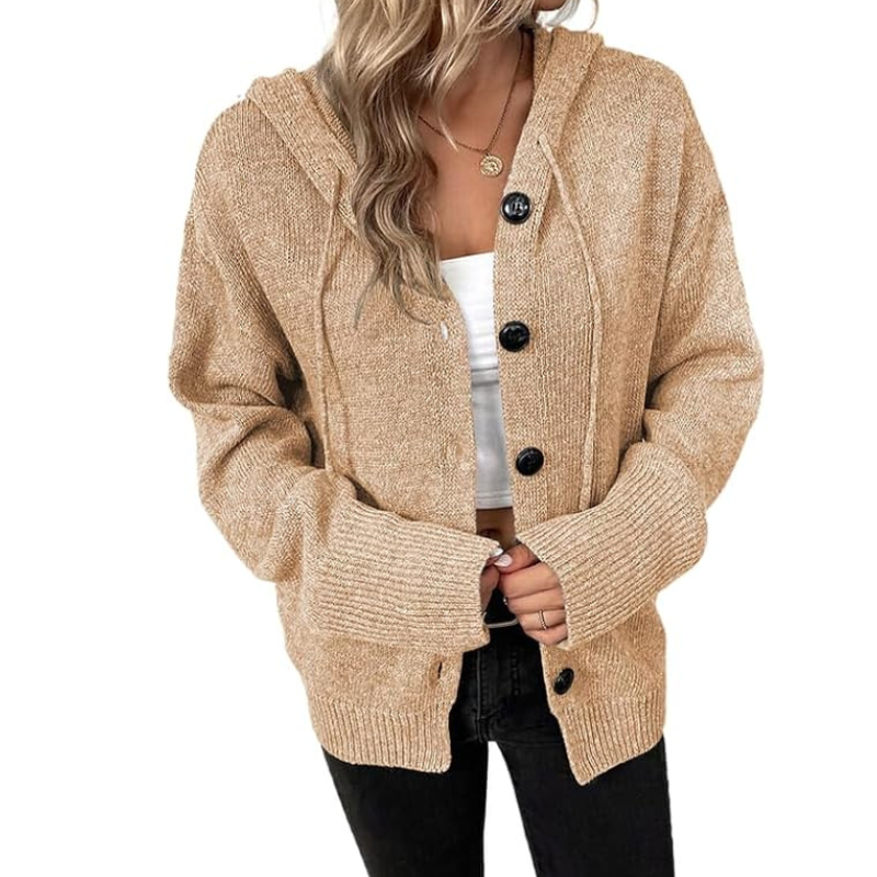 Gilet en maille à capuche pour femme avec fermeture boutonnée et poignets côtelés