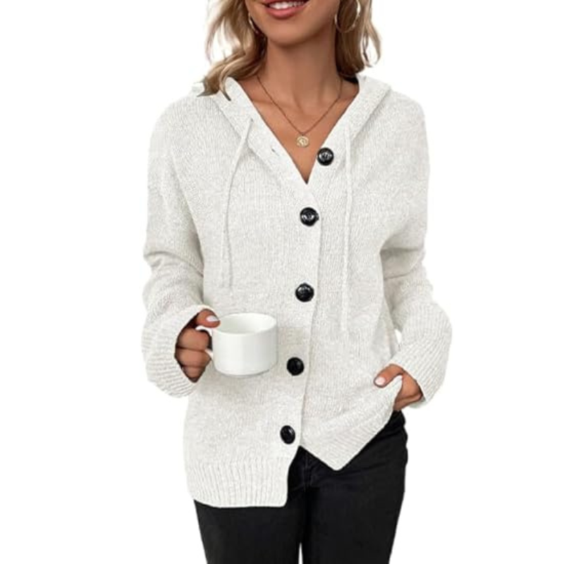 Gilet en maille à capuche pour femme avec fermeture boutonnée et poignets côtelés