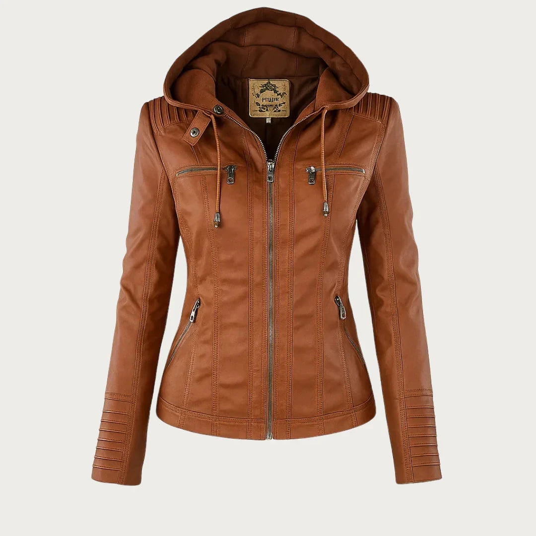 Women's Hooded Moto Leather Jacket – Asymmetric Zip, Zippered Cuffs