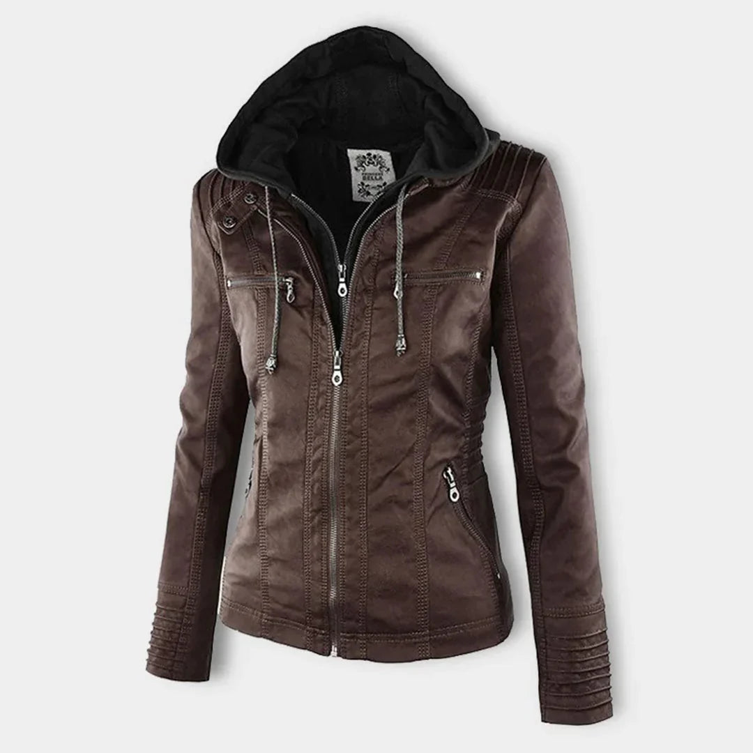 Women's Hooded Moto Leather Jacket – Asymmetric Zip, Zippered Cuffs