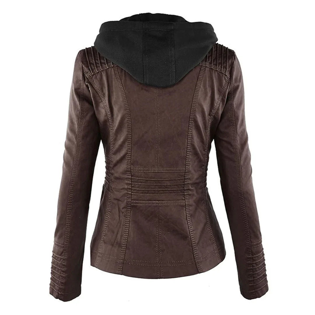 Women's Hooded Moto Leather Jacket – Asymmetric Zip, Zippered Cuffs