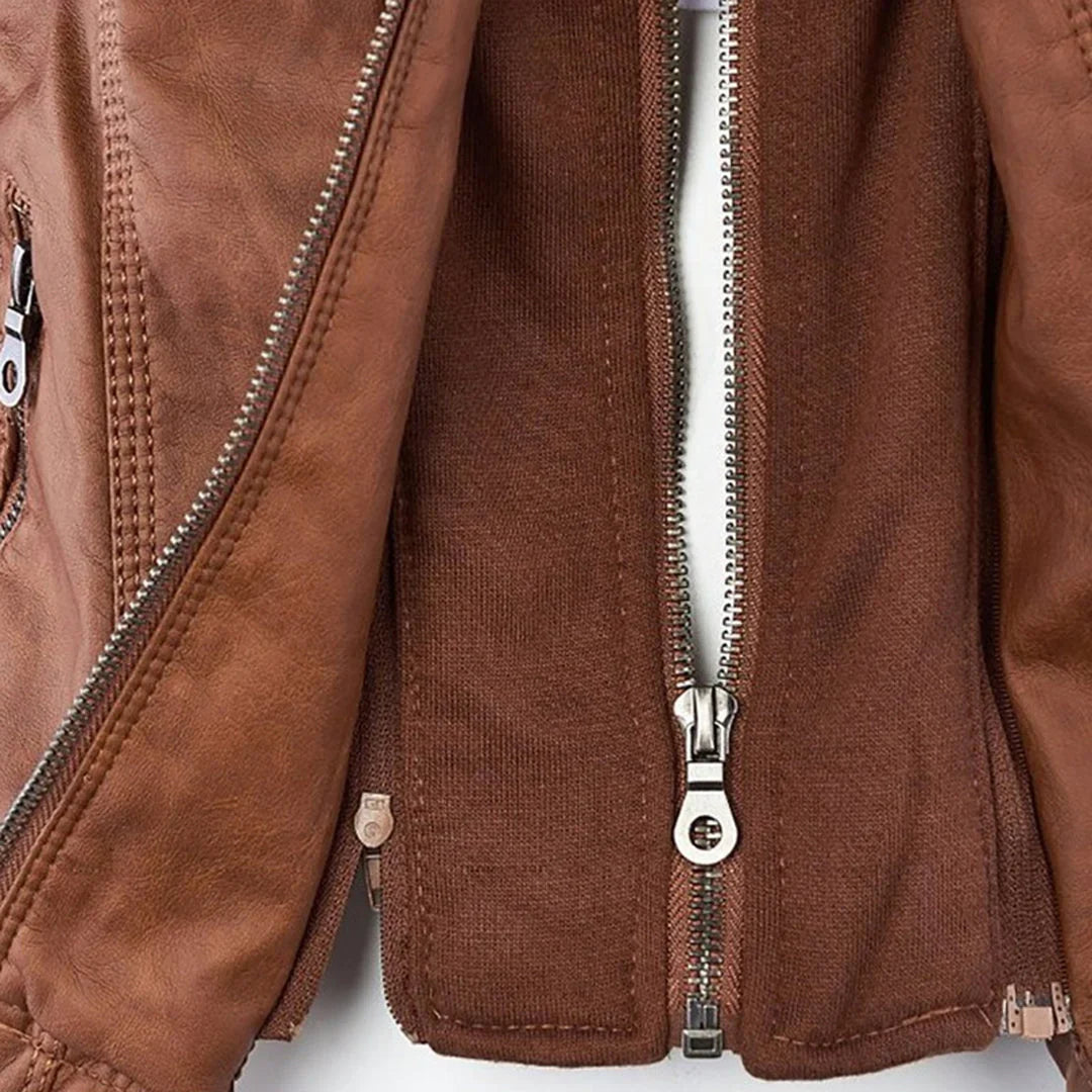 Women's Hooded Moto Leather Jacket – Asymmetric Zip, Zippered Cuffs