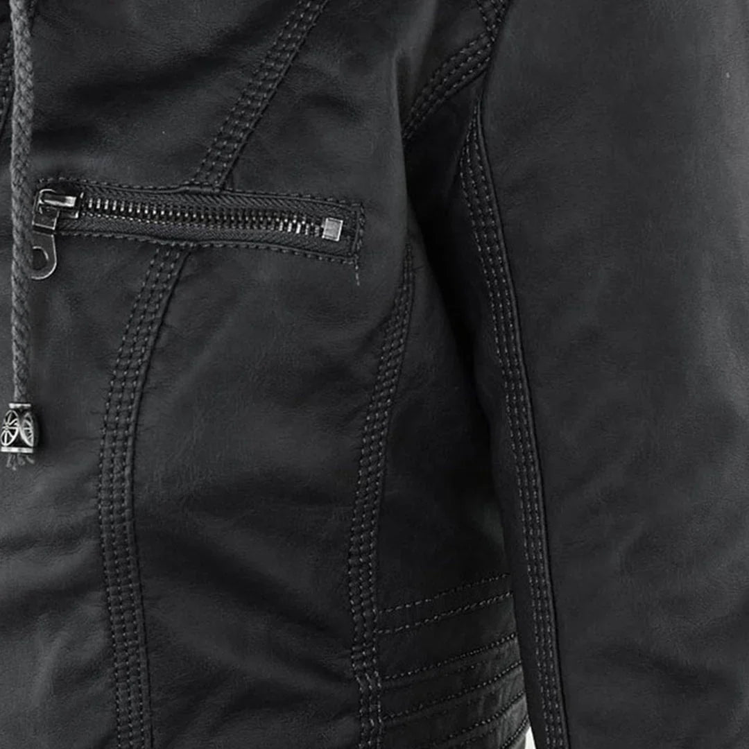 Women's Hooded Moto Leather Jacket – Asymmetric Zip, Zippered Cuffs