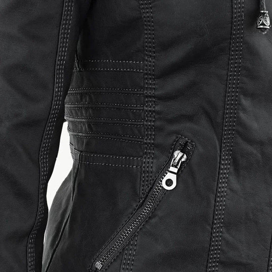 Women's Hooded Moto Leather Jacket – Asymmetric Zip, Zippered Cuffs