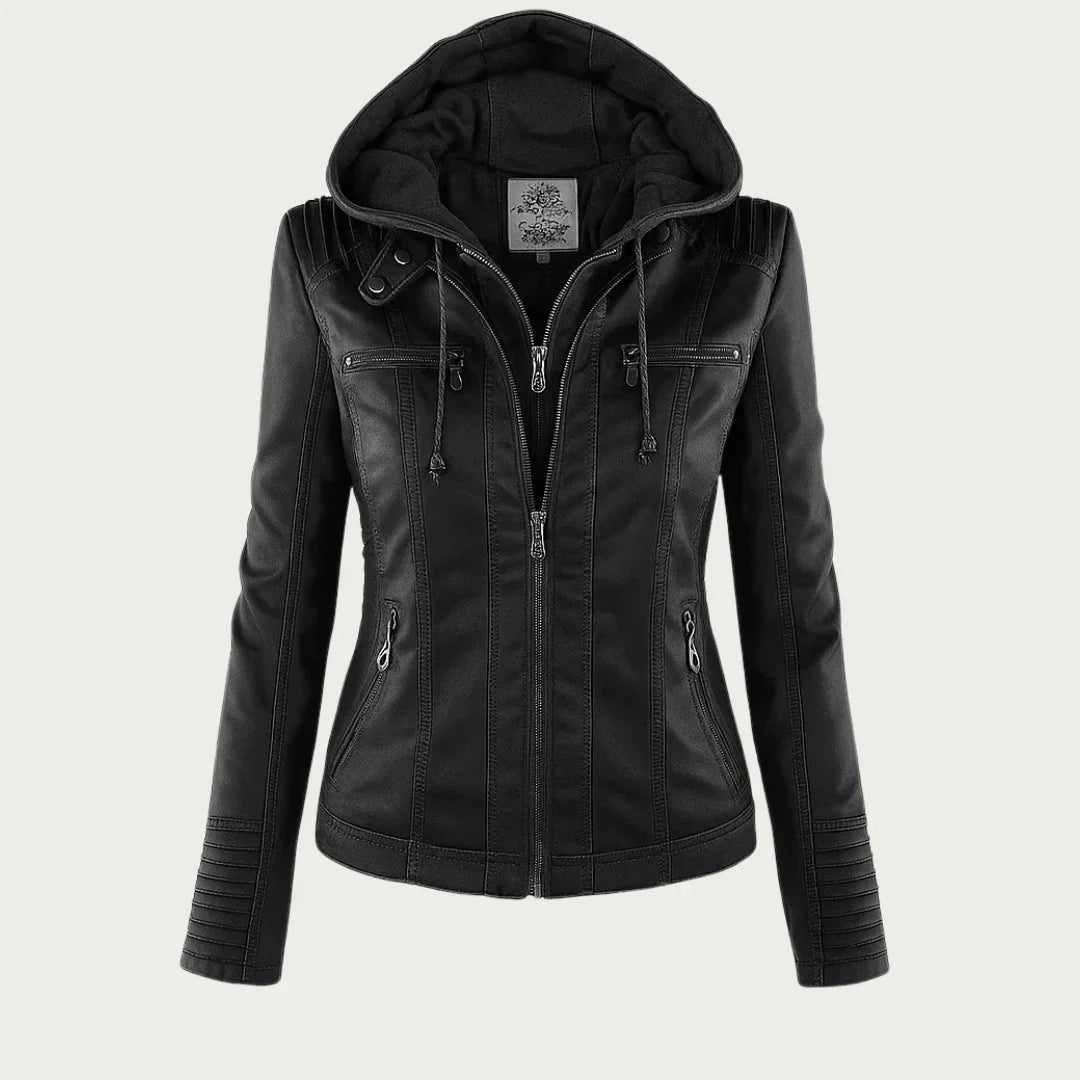 Women's Hooded Moto Leather Jacket – Asymmetric Zip, Zippered Cuffs