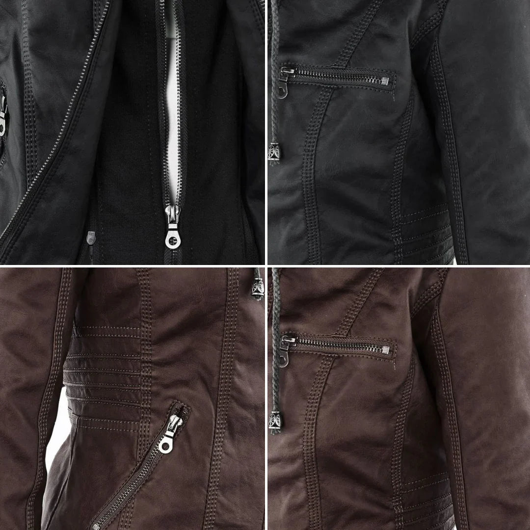 Women's Hooded Moto Leather Jacket – Asymmetric Zip, Zippered Cuffs