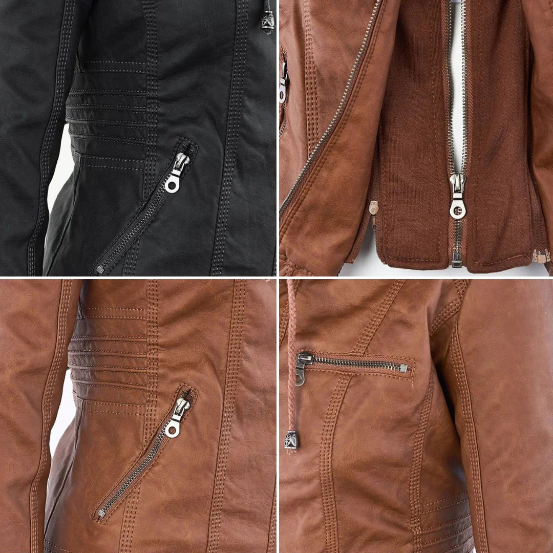 Women's Hooded Moto Leather Jacket – Asymmetric Zip, Zippered Cuffs