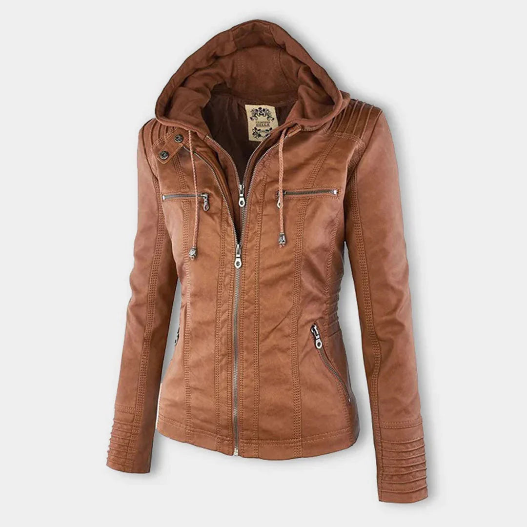 Women's Hooded Moto Leather Jacket – Asymmetric Zip, Zippered Cuffs