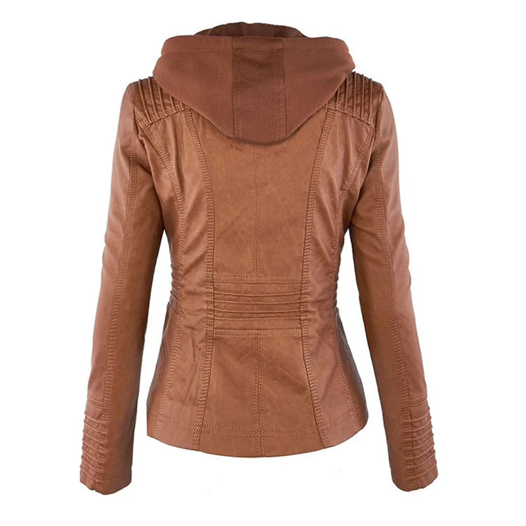 Women's Hooded Moto Leather Jacket – Asymmetric Zip, Zippered Cuffs