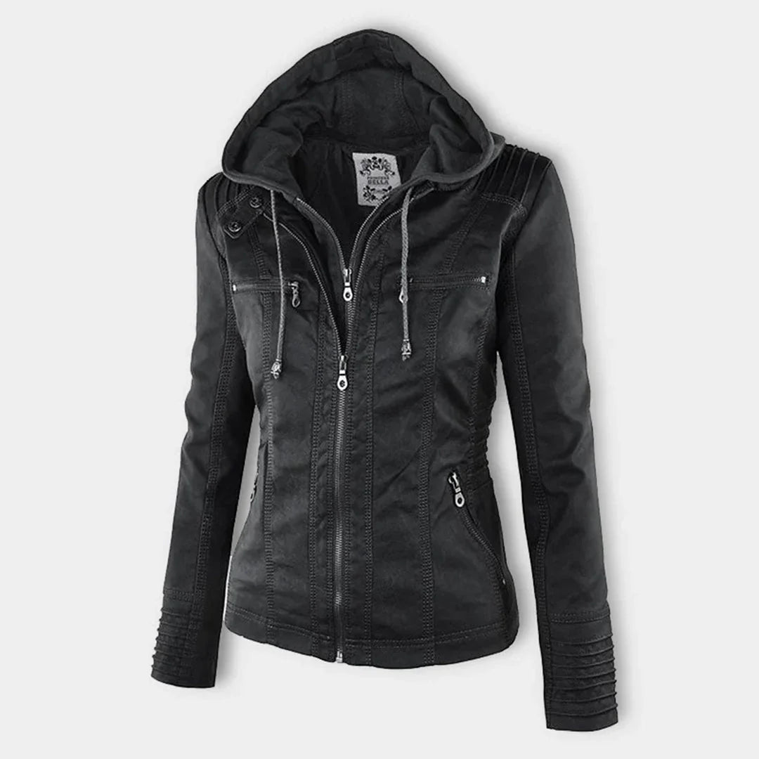 Women's Hooded Moto Leather Jacket – Asymmetric Zip, Zippered Cuffs