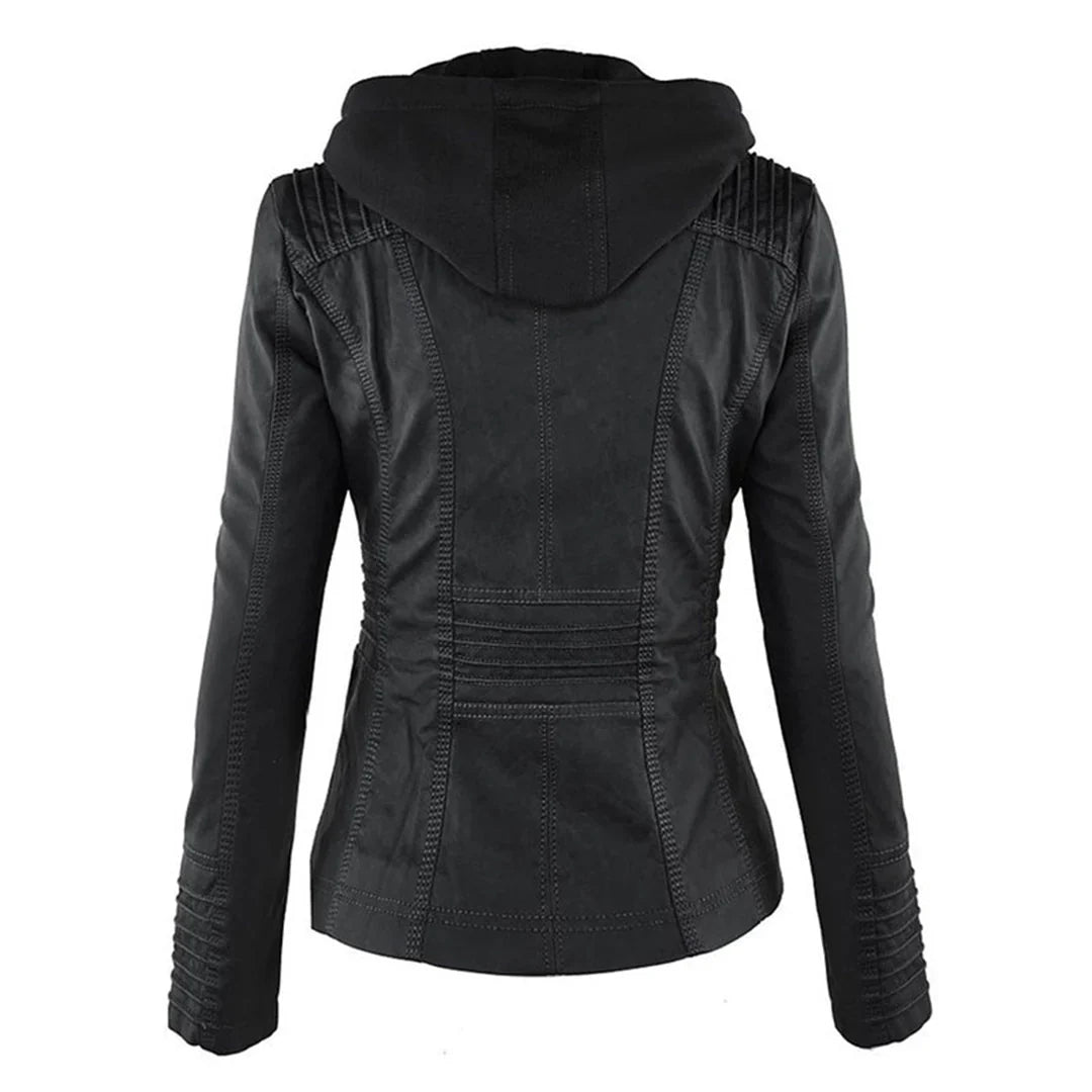Women's Hooded Moto Leather Jacket – Asymmetric Zip, Zippered Cuffs