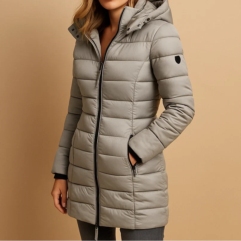 Women's Hooded Puffer Jacket – Horizontal Quilting, Zip Front