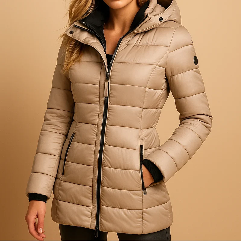 Women's Hooded Puffer Jacket – Horizontal Quilting, Zip Front