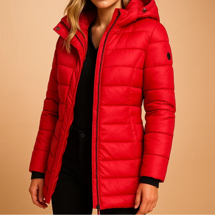 Women's Hooded Puffer Jacket – Horizontal Quilting, Zip Front