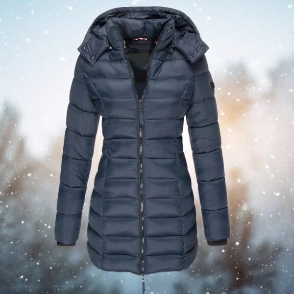 Women's Hooded Puffer Jacket – Quilted Body, Full Zip Front front view