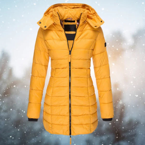Women's Hooded Puffer Jacket – Quilted Body, Full Zip Front side view