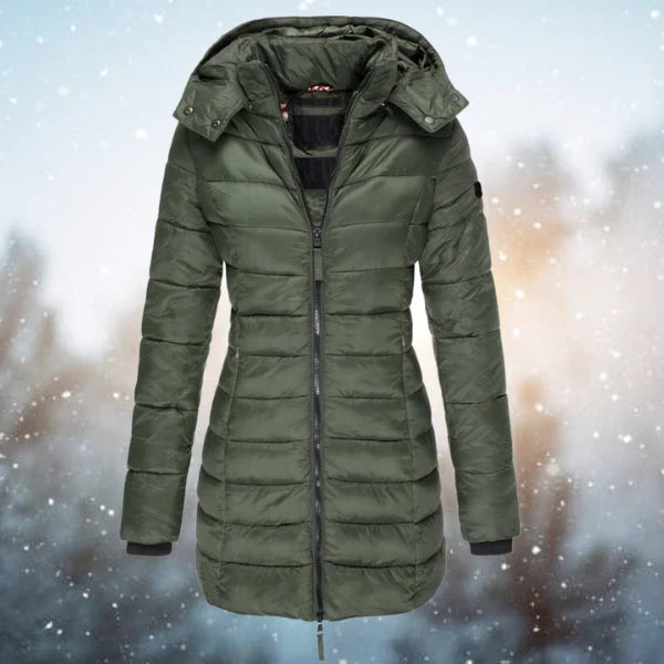 Women's Hooded Puffer Jacket – Quilted Body, Full Zip Front hood detail