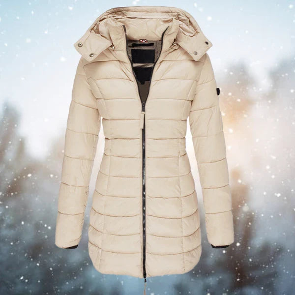 Women's Hooded Puffer Jacket – Quilted Body, Full Zip Front zip close-up