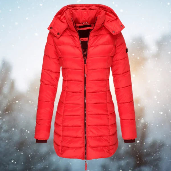 Women's Hooded Puffer Jacket – Quilted Body, Full Zip Front cuff detail