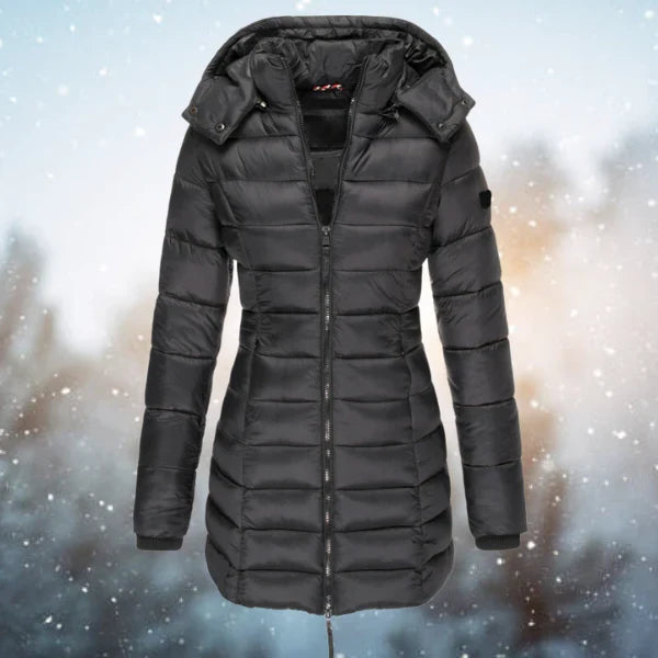 Women's Hooded Puffer Jacket – Quilted Body, Full Zip Front back view