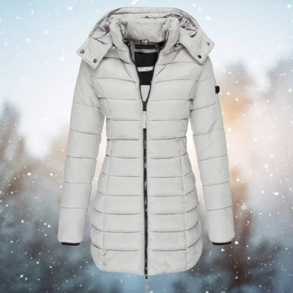 Women's Hooded Puffer Jacket – Quilted Body, Full Zip Front pocket detail