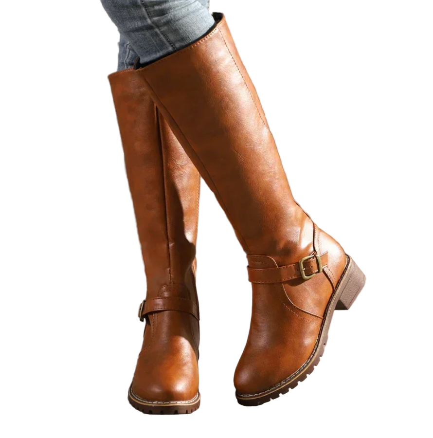 Women's Knee High Boots with Buckle Strap and Low Block Heel