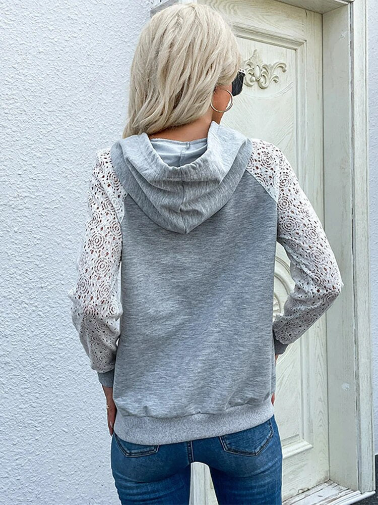 Women's Lace-Panel Hoodie – Drawstring Hood, Kangaroo Pocket sleeve lace detail