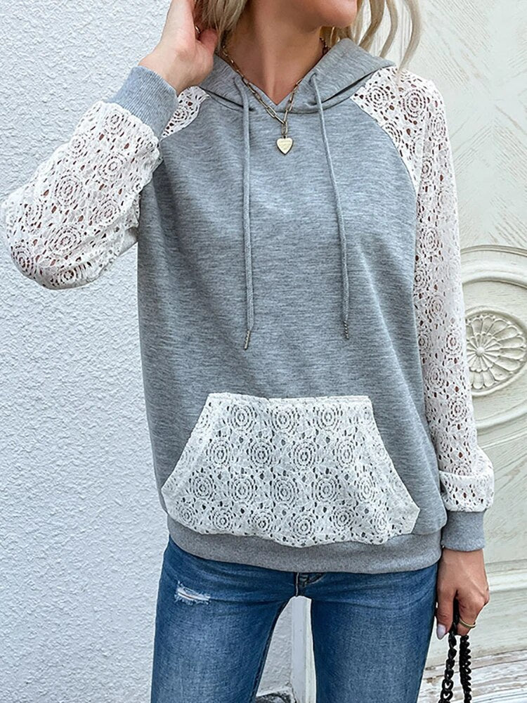 Women's Lace-Panel Hoodie – Drawstring Hood, Kangaroo Pocket hood detail