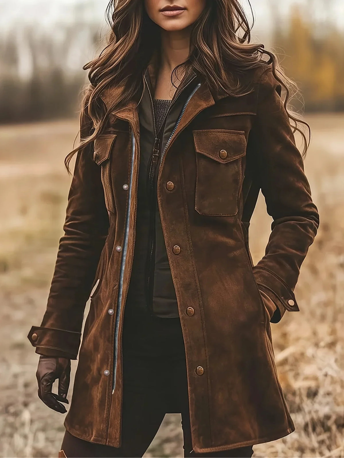 Women's Lapel Collar Coat – Mid-Length, Button Front, Chest Pockets front view