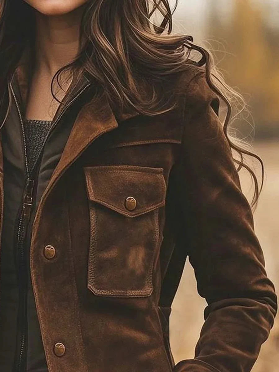 Women's Lapel Collar Coat – Mid-Length, Button Front, Chest Pockets collar and pocket detail