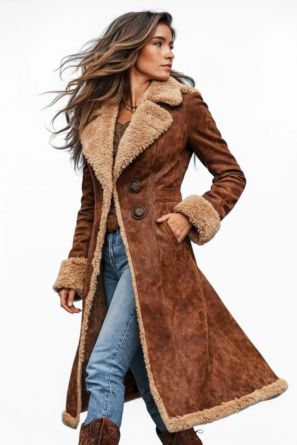 Women's Long Shearling-Lined Coat – Wide Collar, Button Front