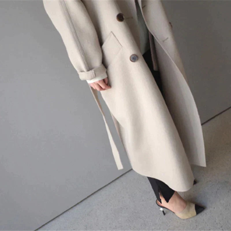 Women's Longline Wool Coat – Notch Lapel, Single-Breasted Front full-length view