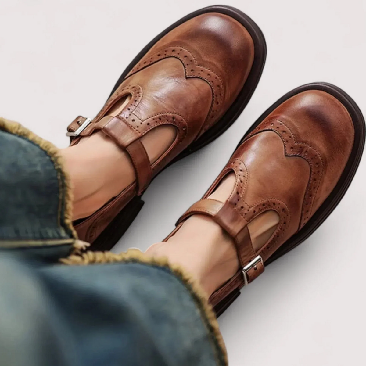 Women's Mary Jane Shoes – T-Strap, Brogue Detail, Round Toe front view