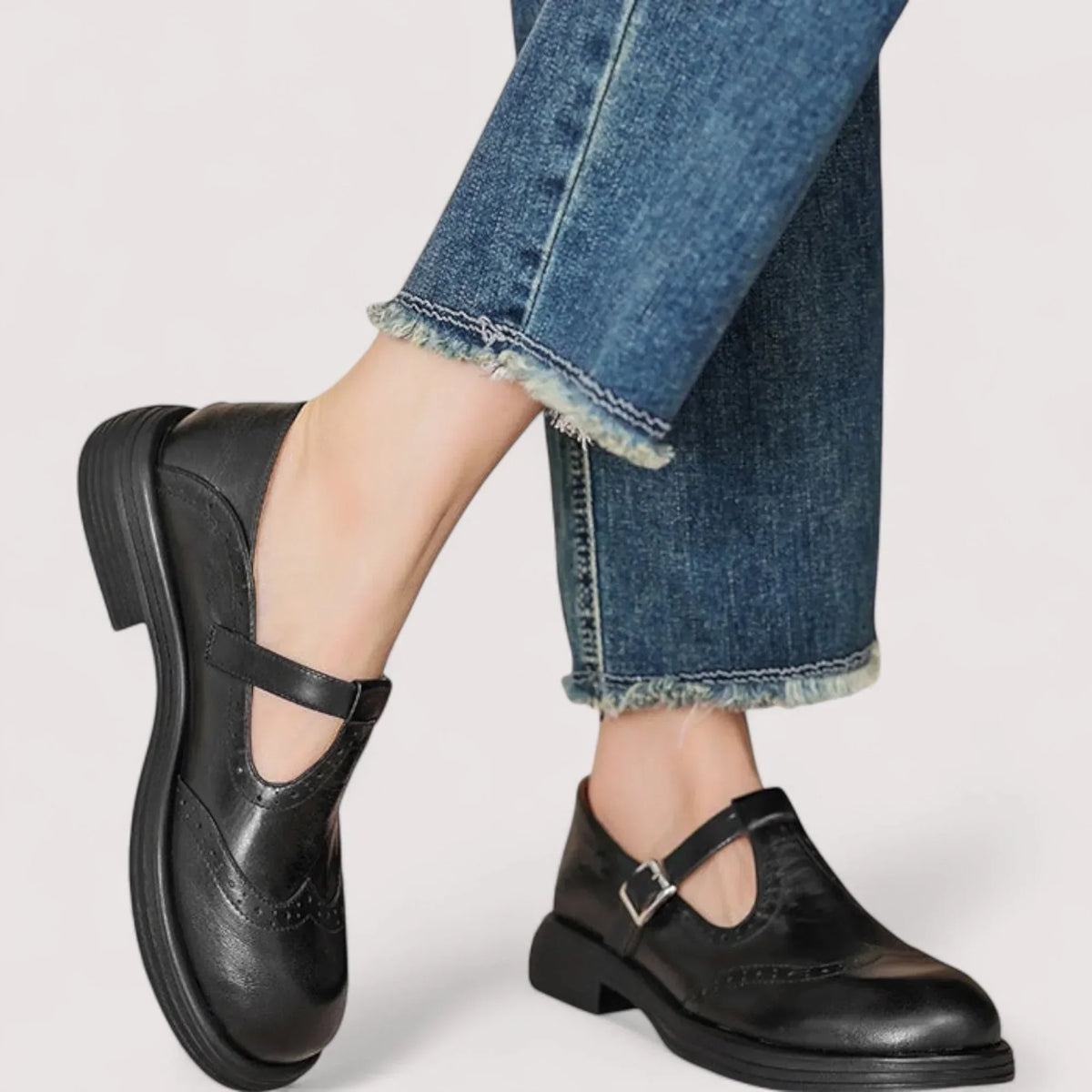 Women's Mary Jane Shoes – T-Strap, Brogue Detail, Round Toe side profile