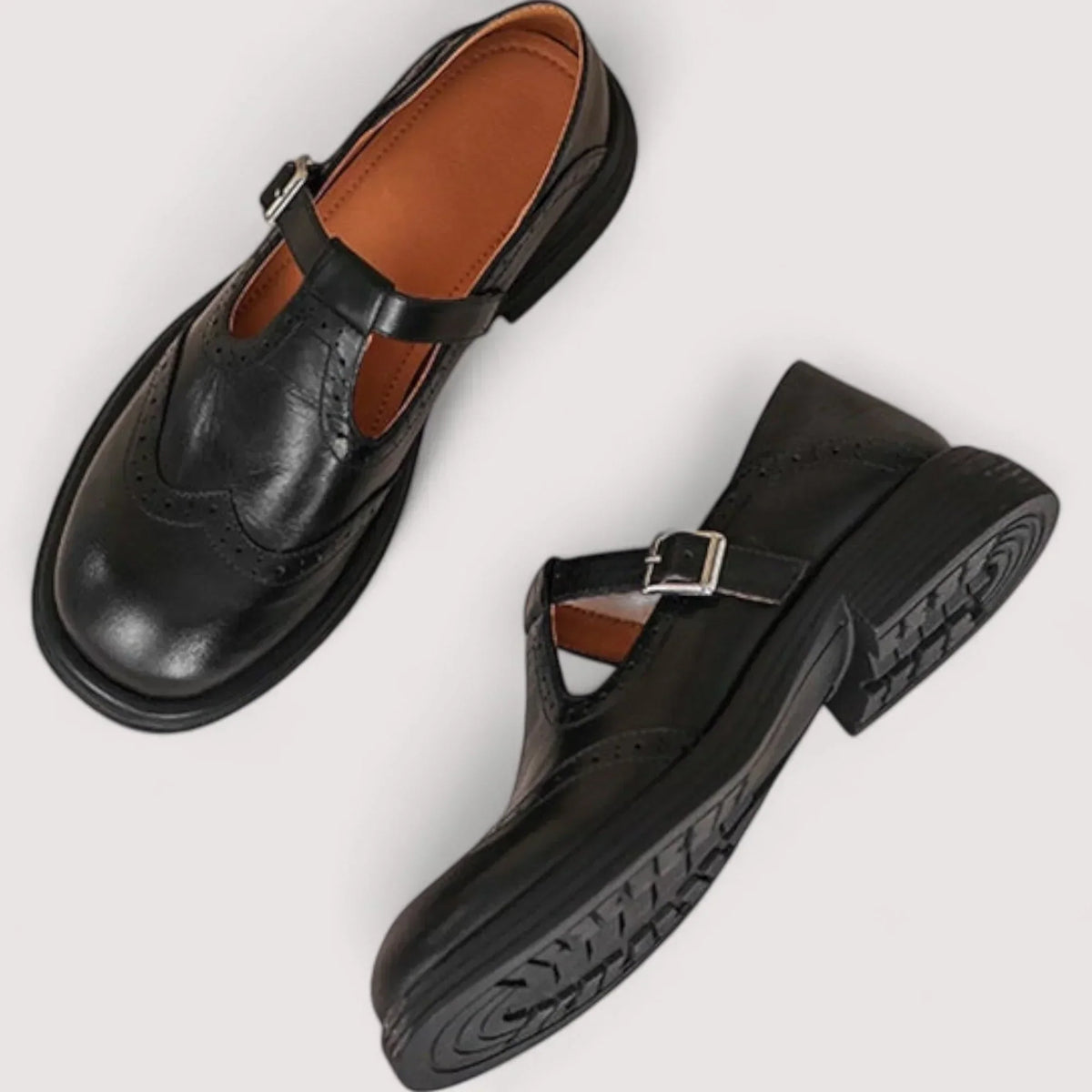 Women's Mary Jane Shoes – T-Strap, Brogue Detail, Round Toe buckle strap close-up