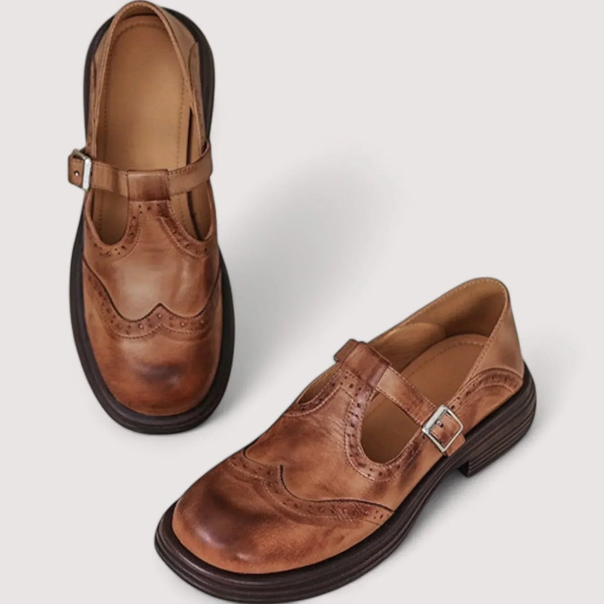 Women's Mary Jane Shoes – T-Strap, Brogue Detail, Round Toe heel view