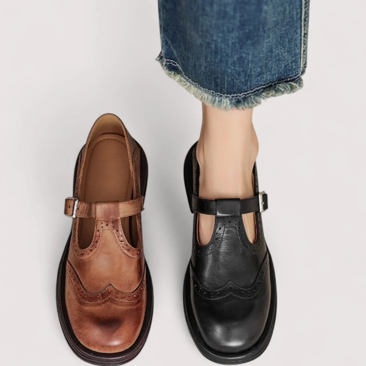 Women's Mary Jane Shoes – T-Strap, Brogue Detail, Round Toe top view