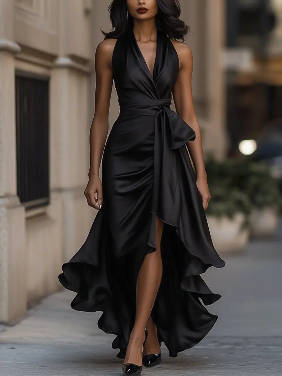 Women's Maxi Evening Dress – Halter Deep V-Neck, Ruffle Wrap Hem front view