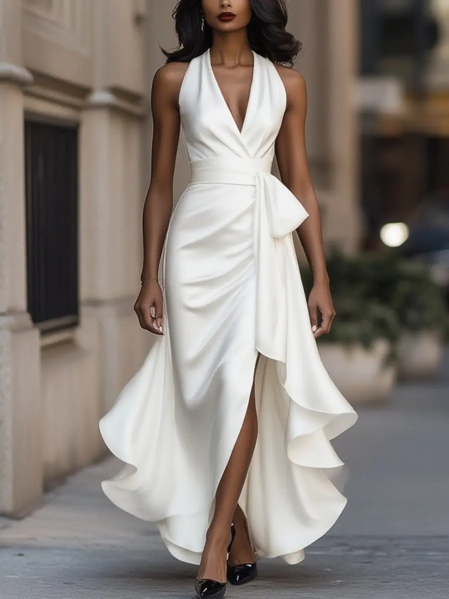 Women's Maxi Evening Dress – Halter Deep V-Neck, Ruffle Wrap Hem halter neckline detail