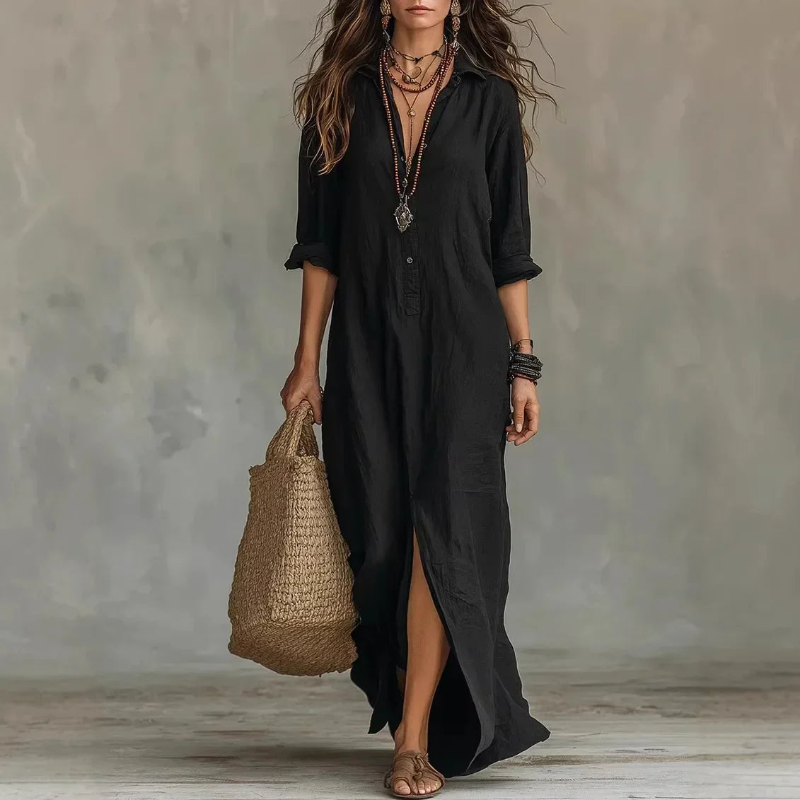 Women's Maxi Shirt Dress – Button Placket, Side Slits collar and placket detail