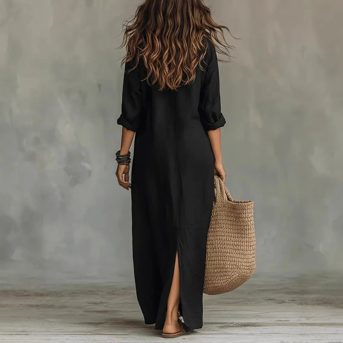 Women's Maxi Shirt Dress – Button Placket, Side Slits side slit detail