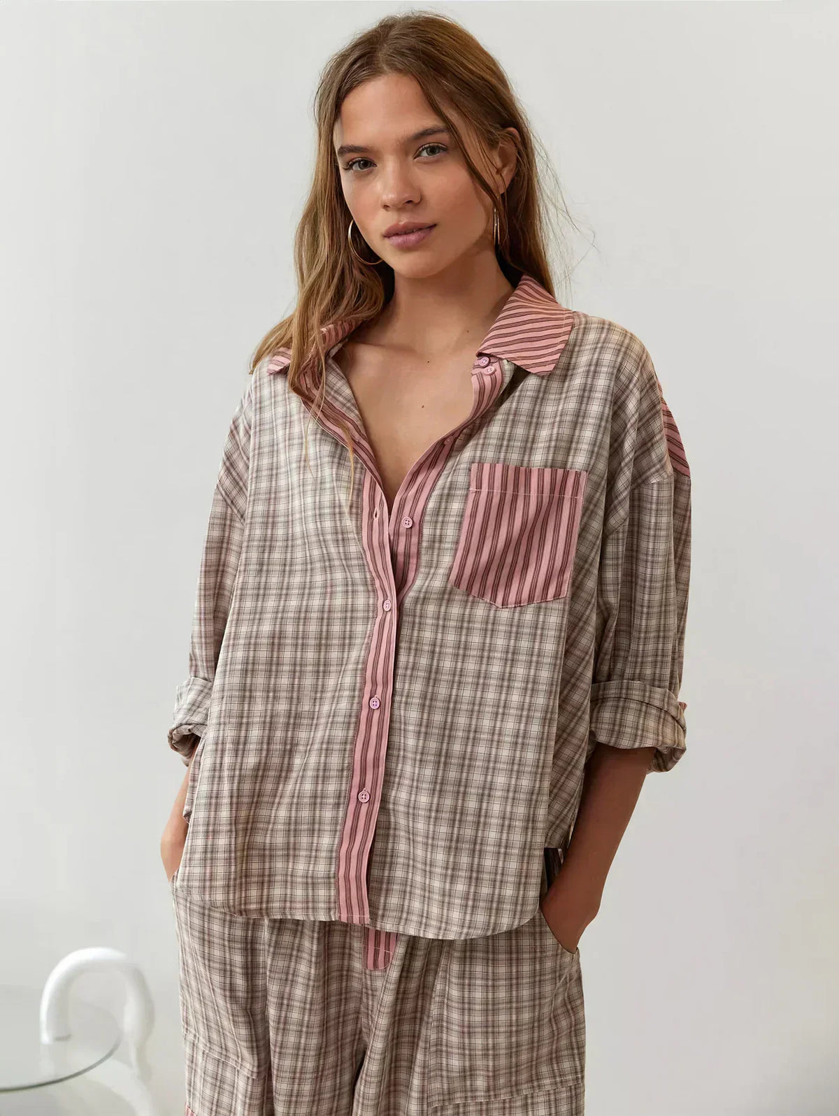 Completo pigiama a quadri da donna – Camicia con bottoni sul davanti, pantaloni a gamba larga