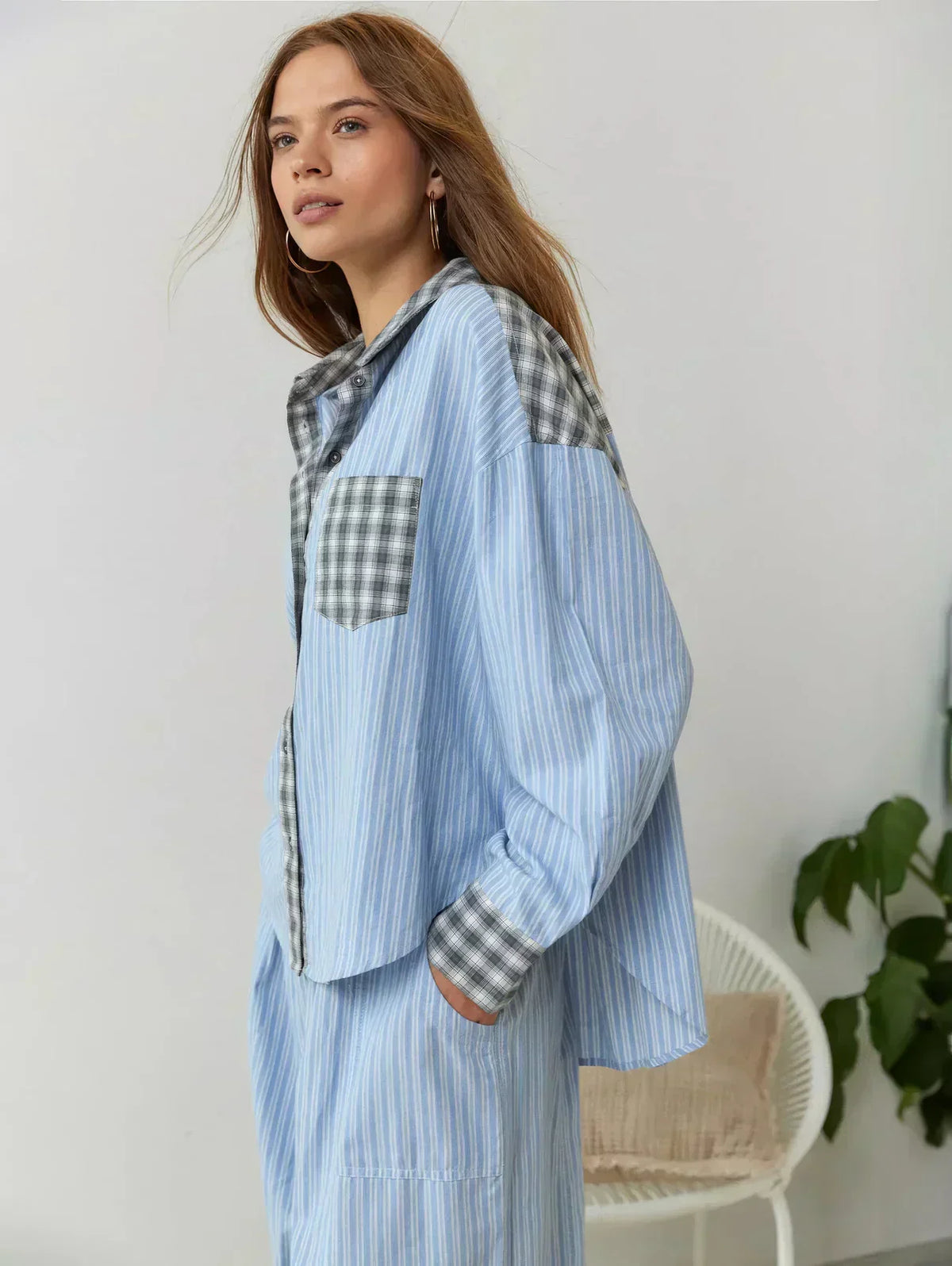 Women's Plaid Pyjama Set – Button-Front Shirt, Wide-Leg Trousers