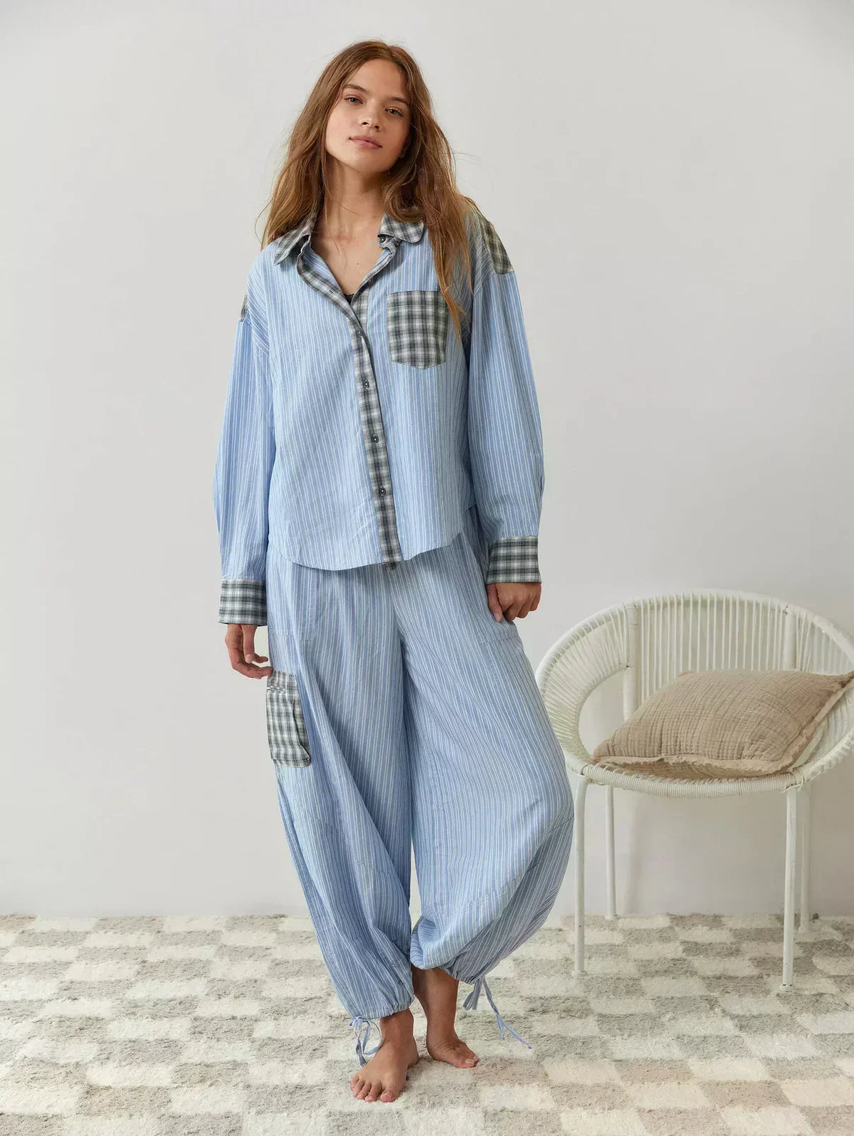 Women's Plaid Pyjama Set – Button-Front Shirt, Wide-Leg Trousers