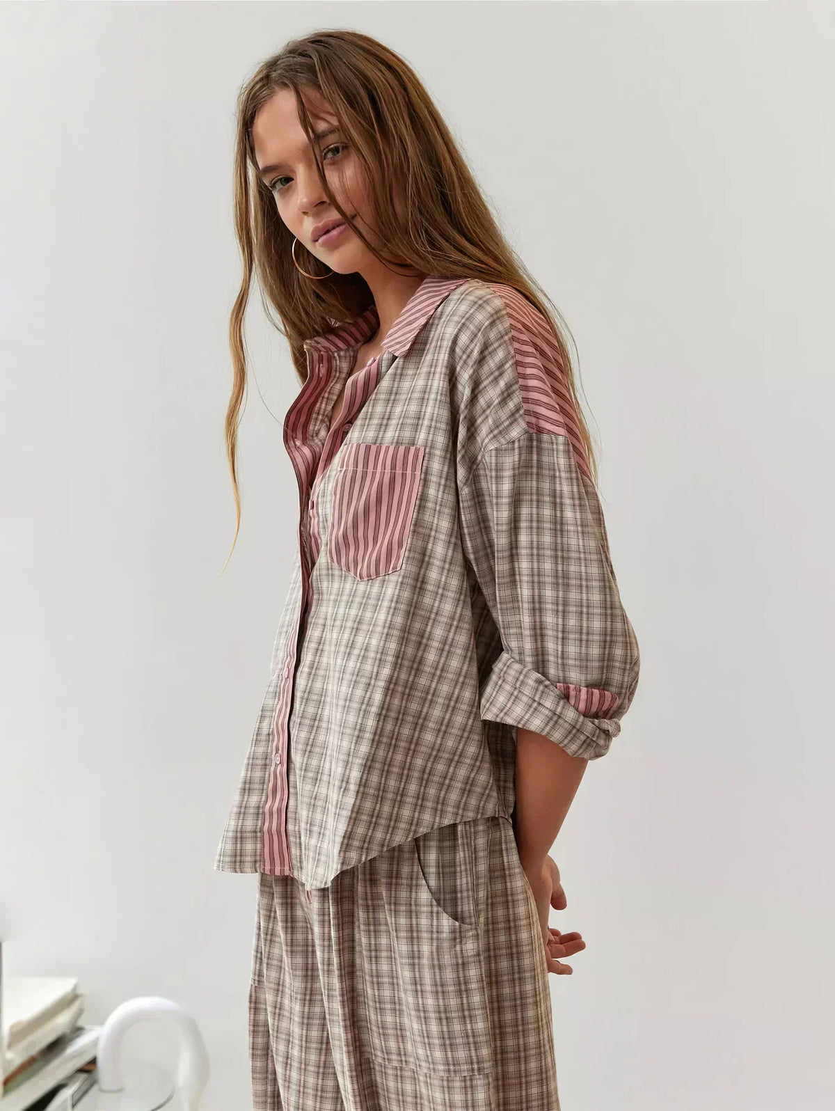Women's Plaid Pyjama Set – Button-Front Shirt, Wide-Leg Trousers