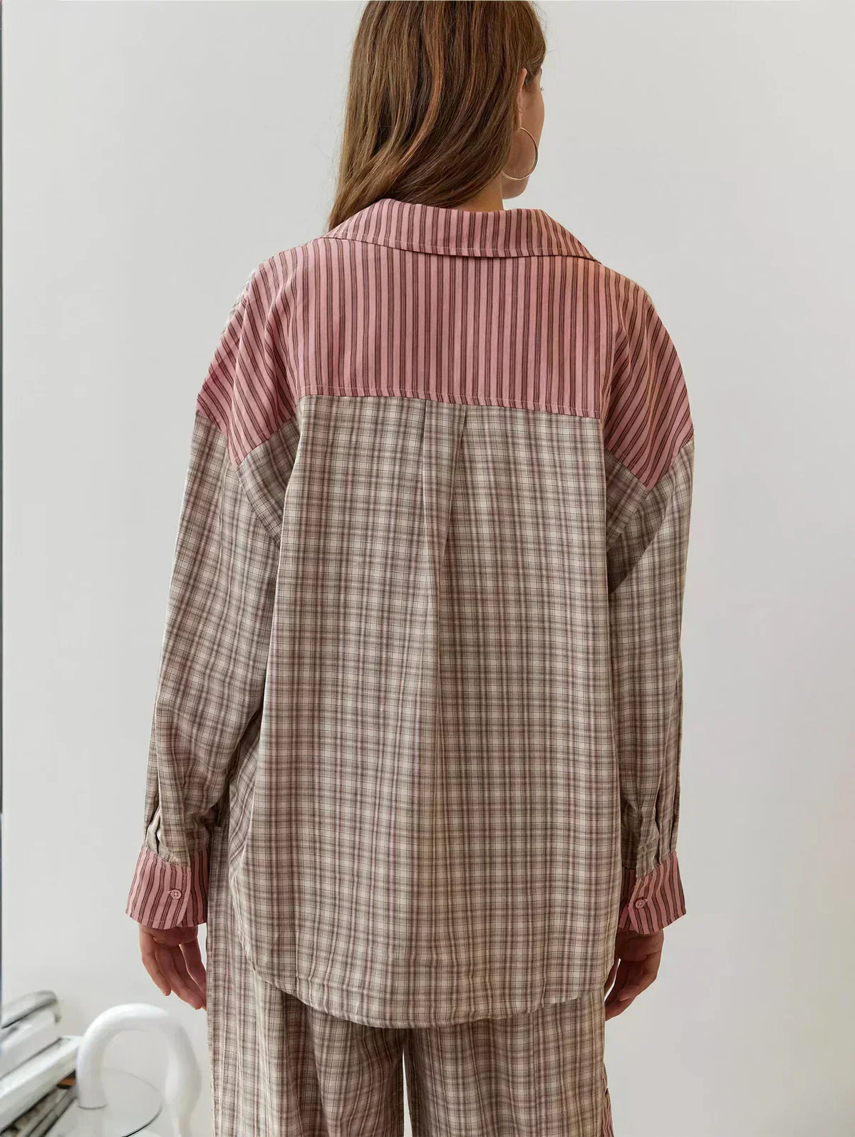 Women's Plaid Pyjama Set – Button-Front Shirt, Wide-Leg Trousers