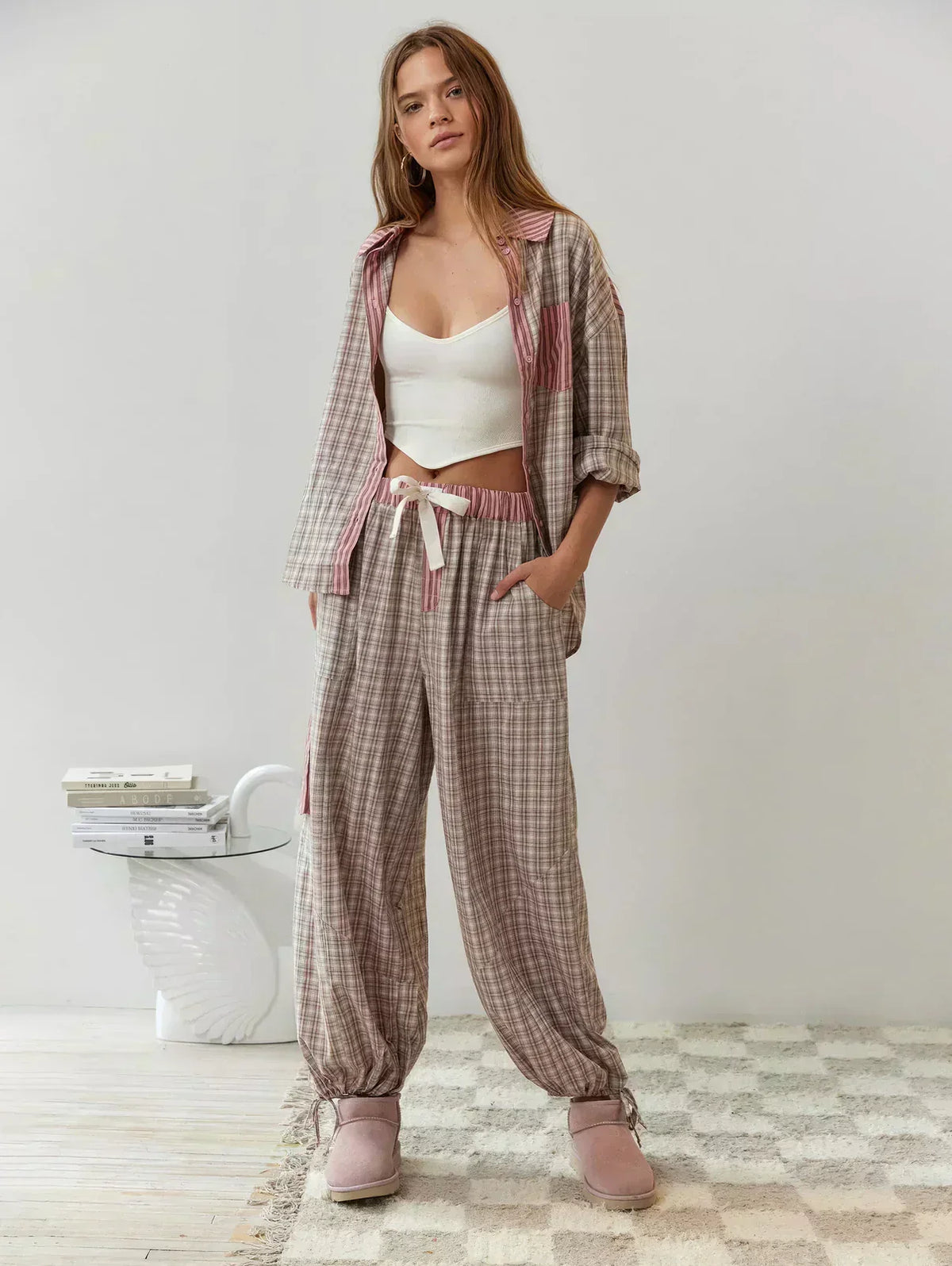 Women's Plaid Pyjama Set – Button-Front Shirt, Wide-Leg Trousers